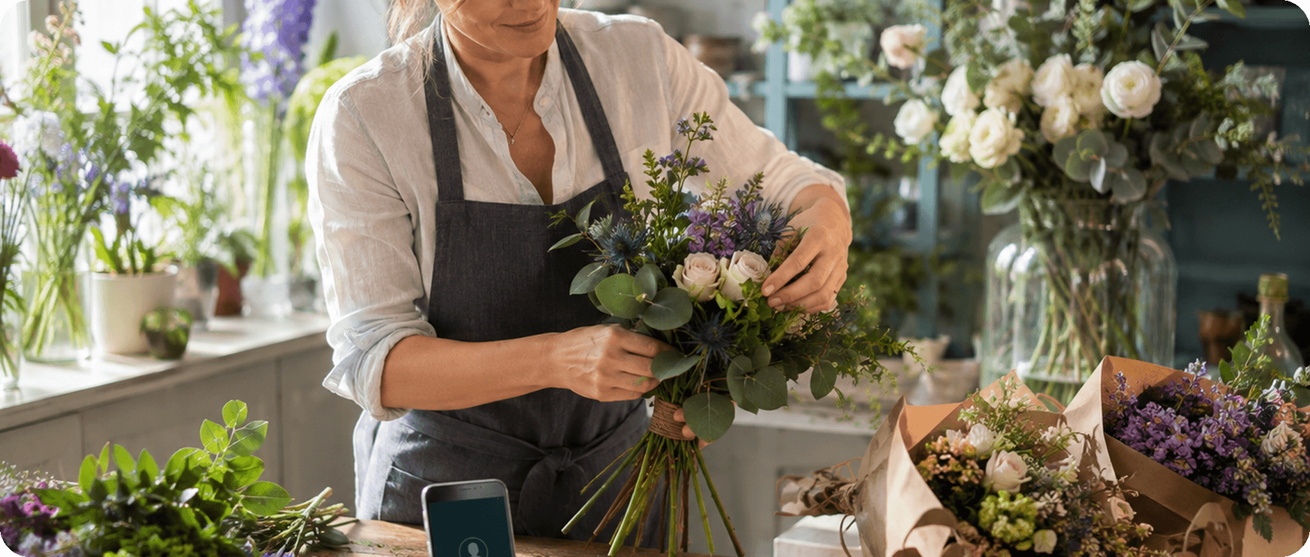 Une fleuriste compose un bouquet dans son atelier